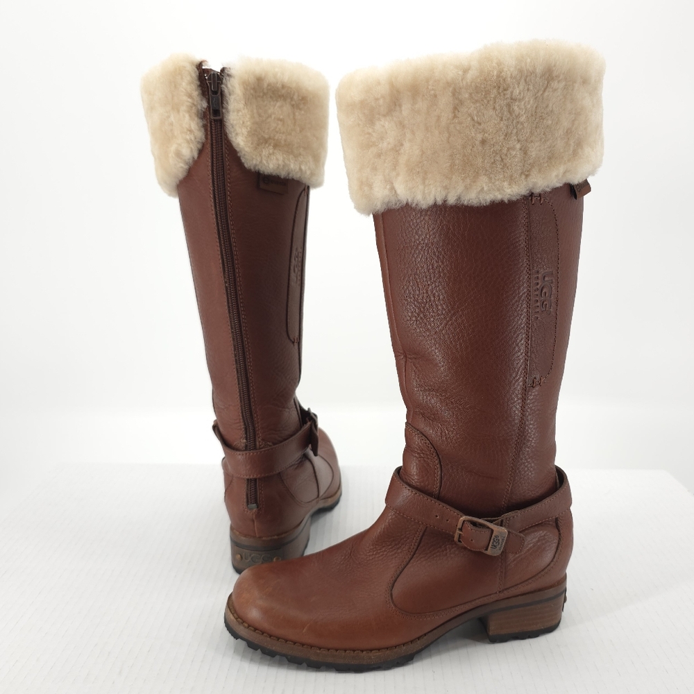 Ugg Leather Knee High Boots Fleece Fur Trim Brown Zip Up Rodeo 7